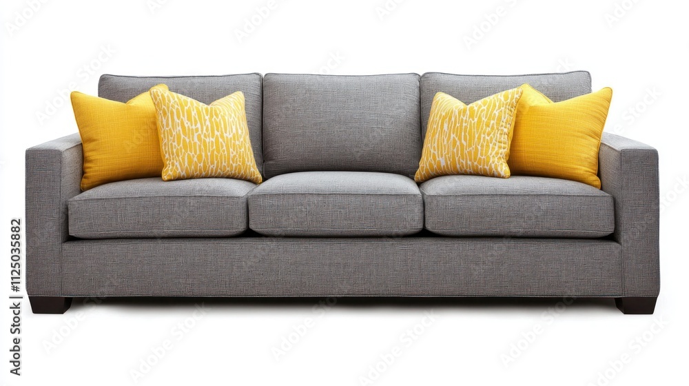 A grey sofa with bright yellow accent pillows for a lively contrast. A grey sofa with bright yellow accent pillows for a lively contrast.