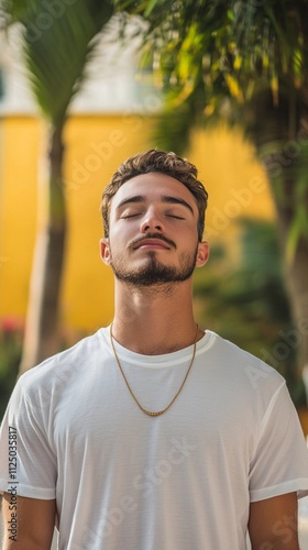 A young man stands outdoors in a moment of serene reflection, eyes closed and basking in the tranquil ambiance of a sunny day, surrounded by greenery and vibrant colors.