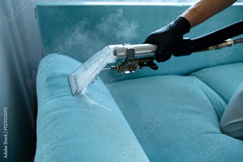 Cleaning concept. Virus prevention sanitizing inside. Process of deep furniture cleaning. Professionally chemical cleaning.