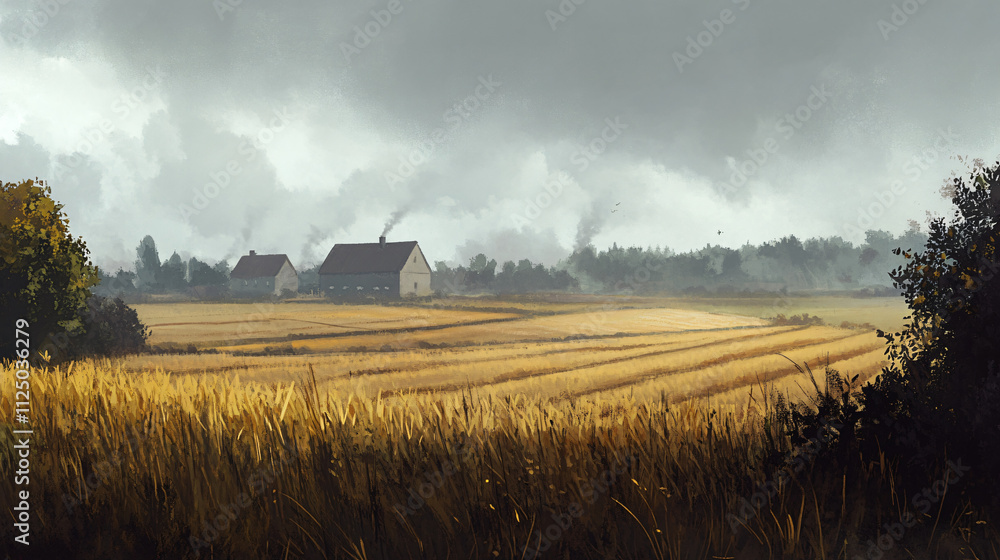 Fototapeta premium Fields under a heavy mist with faint outlines of distant farmhouses.