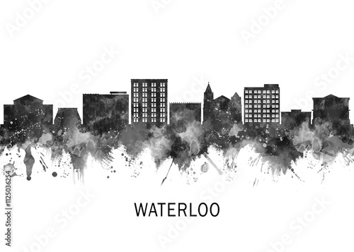 Waterloo Iowa Skyline BW, cityscape landscape watercolor abstract painting splash travel art illustration graphic design urban art modern downtown photo