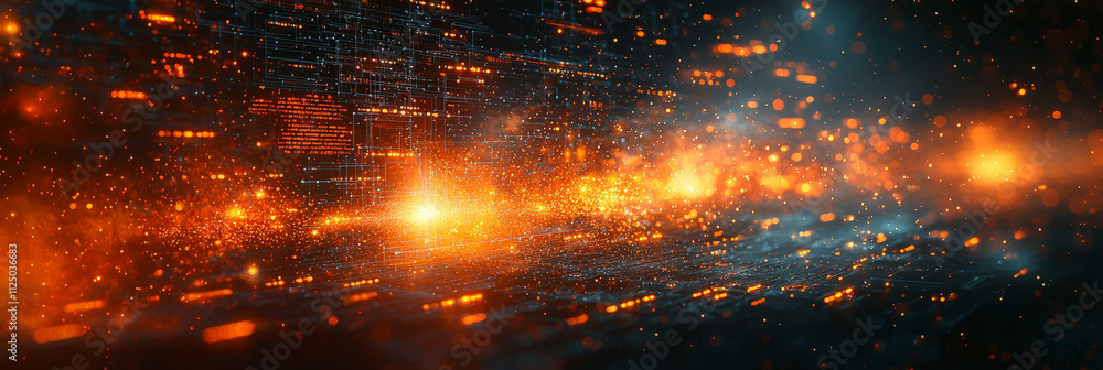 A futuristic concept showing digital archive icons on a screen dissolving into fiery particles, with a dark background highlighting the dramatic transformation,