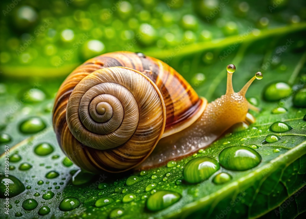 Close-Up Product Photography of a Snail on a Fresh Green Leaf with Raindrops, Showcasing Nature's Beauty and Detail in a Macro Shot Close-Up Product Photography of a Snail on a Fresh Green Leaf with Raindrops, Showcasing Nature's Beauty and Detail in a Macro Shot