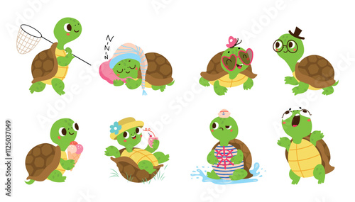 Cartoon turtle. Funny turtles sleep walking screaming resting with cocktail. Different positive children mascots, isolated animal nowaday vector clipart