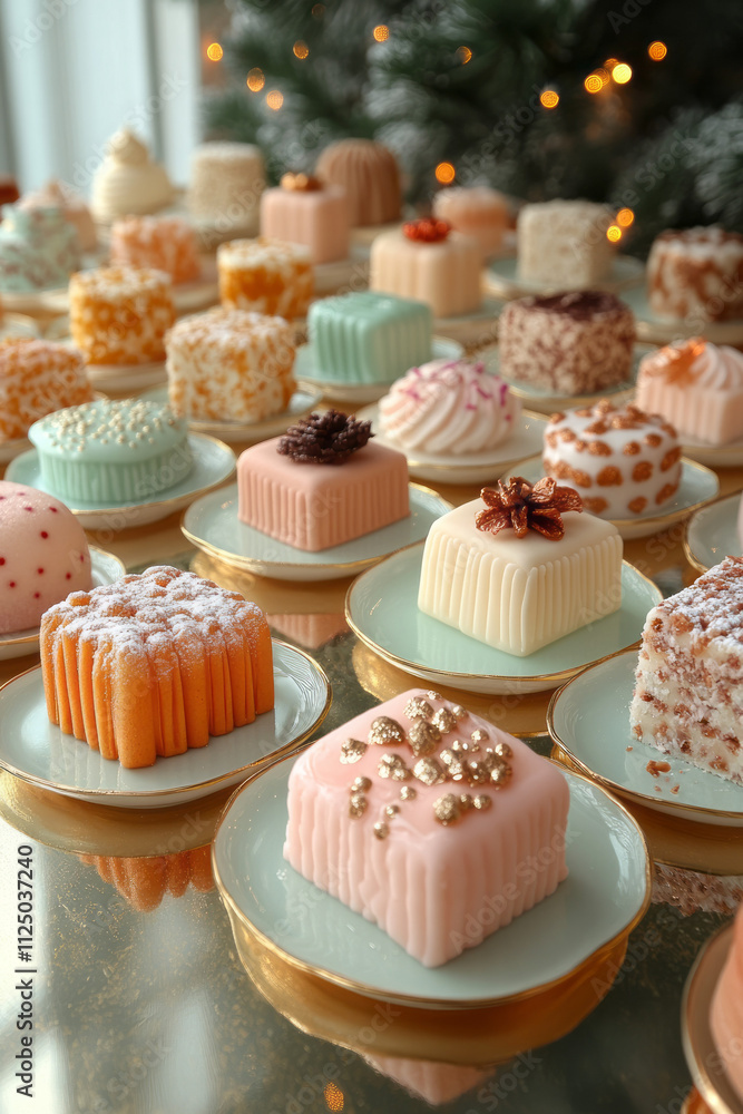A creative composition of small New Year-themed dessert plates, each holding a festive treat, styled on a reflective gold surface, A creative composition of small New Year-themed dessert plates, each holding a festive treat, styled on a reflective gold surface,