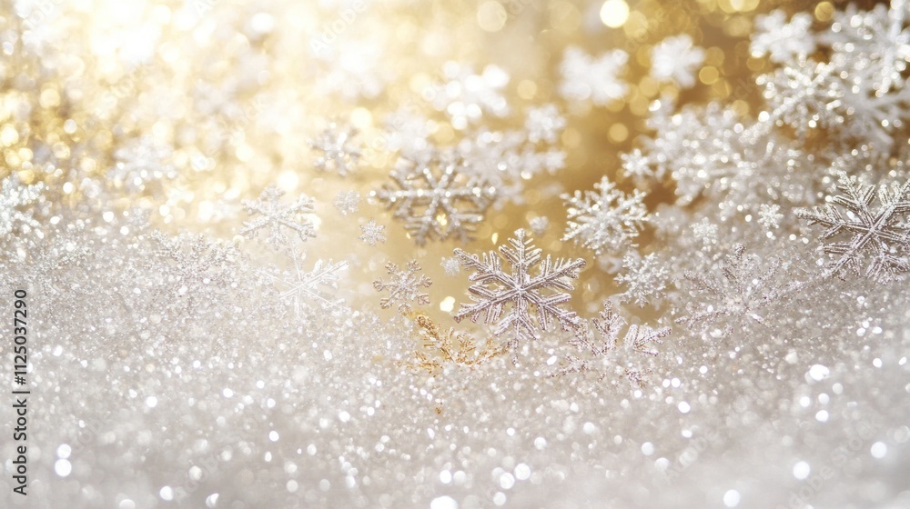 Sparkling white snowflakes on a gold glitter background. Sparkling white snowflakes on a gold glitter background.