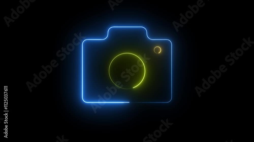 Abstract rendering glowing neon symbol of photo camera animation with black background.
