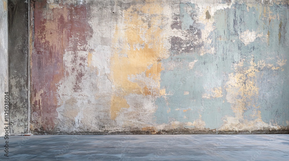 Empty room with grunge concrete wall and floor, showing colorful paint residues Empty room with grunge concrete wall and floor, showing colorful paint residues