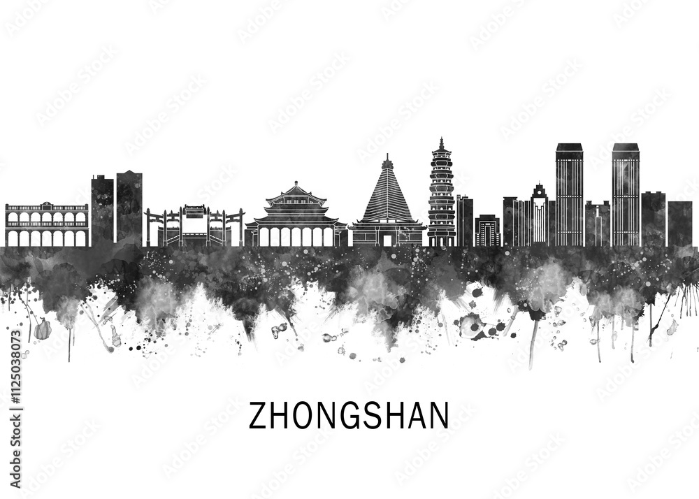Obraz premium Zhongshan China Skyline BW, cityscape landscape watercolor abstract painting splash travel art illustration graphic design urban art modern downtown