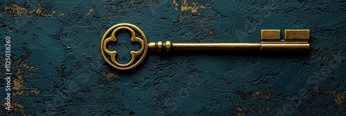 Stylized Golden Key on Textured Teal Background Symbolizing Solutions and Access to Opportunities photo