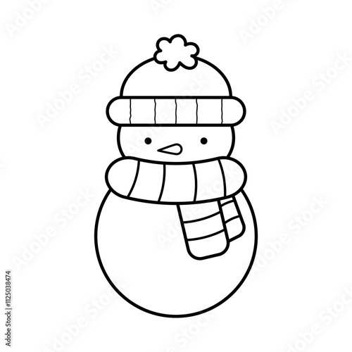 Snowman Outline Vector Illustration. The snowman has a round body and head, wearing a warm winter hat with a fluffy pom-pom on top and a striped scarf wrapped around its neck.