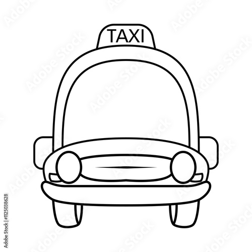 Taxi Front View Outline Vector Illustration. The drawing features a prominent "TAXI" sign on the roof, round headlights, a curved windshield, and a simple bumper design.