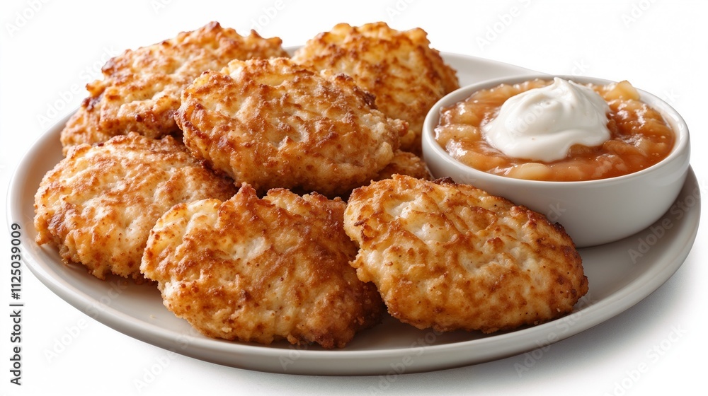 Traditional Golden Potato Latkes with Fresh Applesauce and Sour Cream