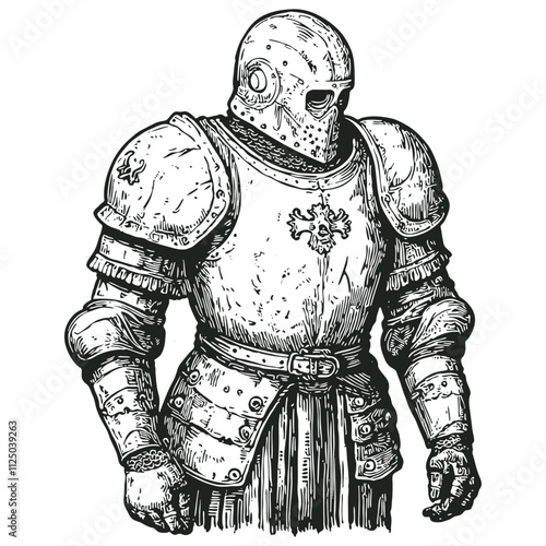Medieval knight wearing a helmet and armor, engraving style, vector illustration.