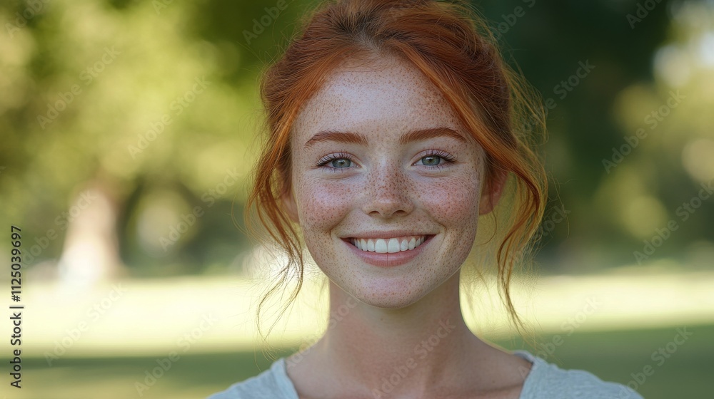 A girl with freckles, smiling in a green park, showing her natural skin without makeup A girl with freckles, smiling in a green park, showing her natural skin without makeup