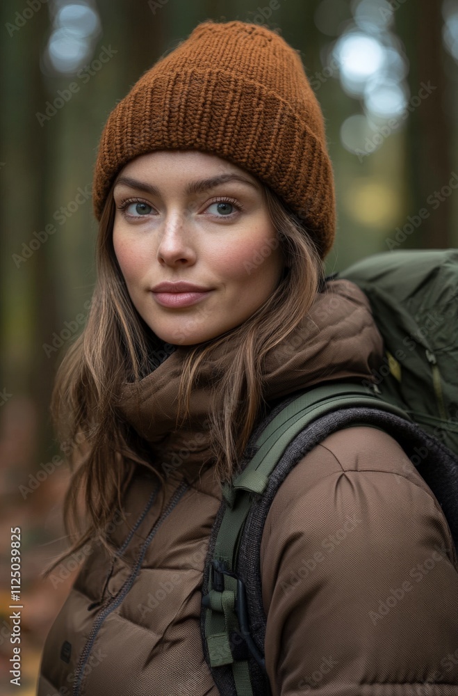 Female caucasian young adult in outdoor winterwear hiking through forest Female caucasian young adult in outdoor winterwear hiking through forest