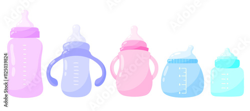 Baby bottles vector set of illustrations. Infant nutrition, newborn feeding, nursing bottle types