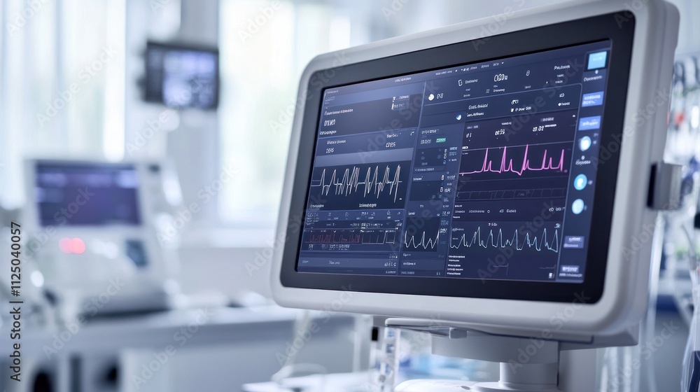 Medical monitor displaying vital signs in a hospital room. Medical monitor displaying vital signs in a hospital room.