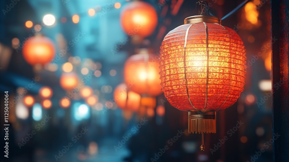 Fototapeta premium Glowing Red Lanterns, Asian Night Market