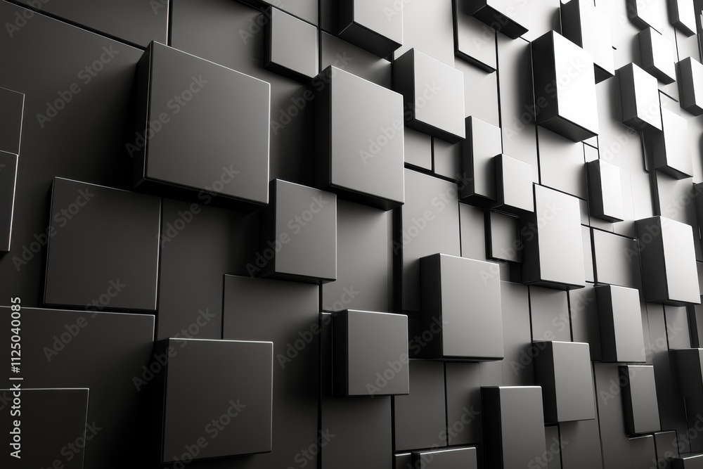 A textured wall of black 3D squares creating a modern, abstract design. A textured wall of black 3D squares creating a modern, abstract design.