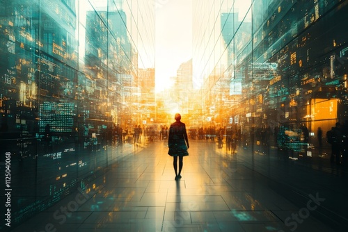 Female silhouette walking through futuristic cityscape at sunset