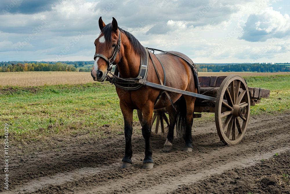 Horse pulling a traditional wooden cart on a farm Horse pulling a traditional wooden cart on a farm