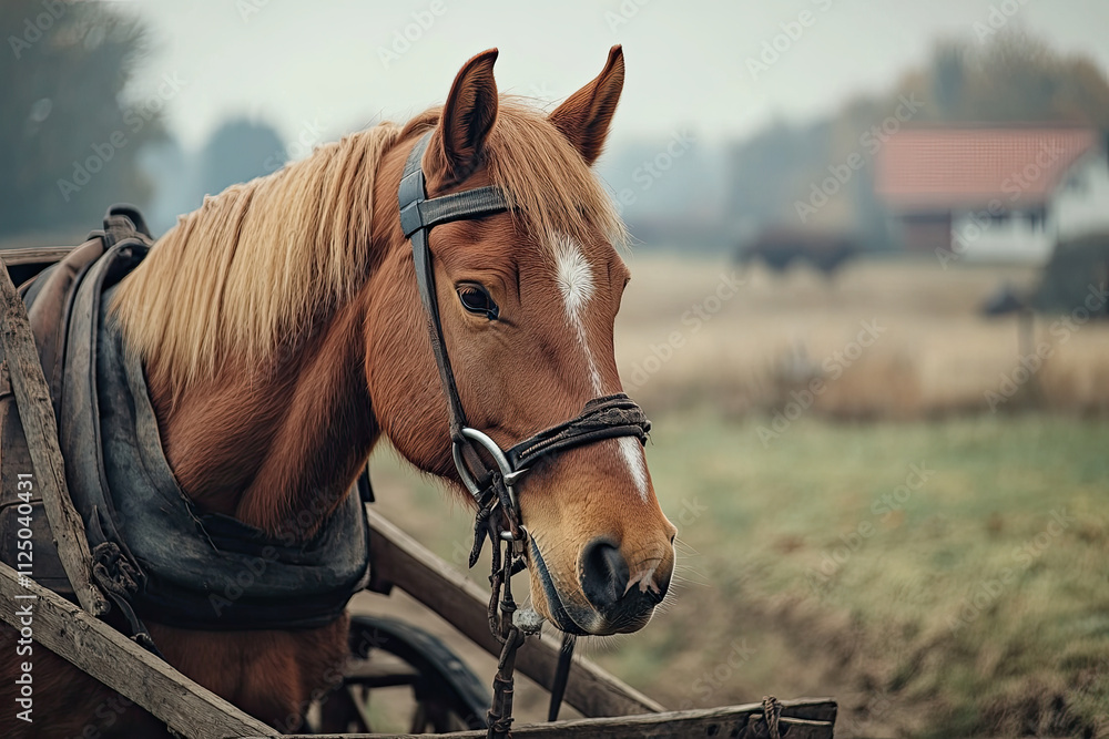 Horse pulling a traditional wooden cart on a farm Horse pulling a traditional wooden cart on a farm