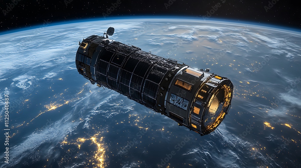 Satellite floating in space with the Earth on galaxy Satellite floating in space with the Earth on galaxy