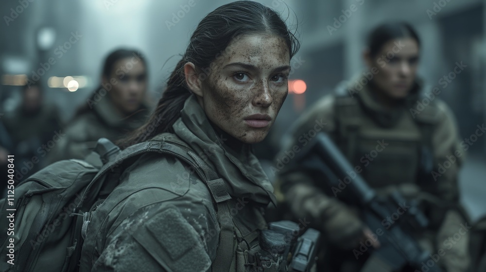 Fototapeta premium Female soldiers in camouflage gear on an urban mission