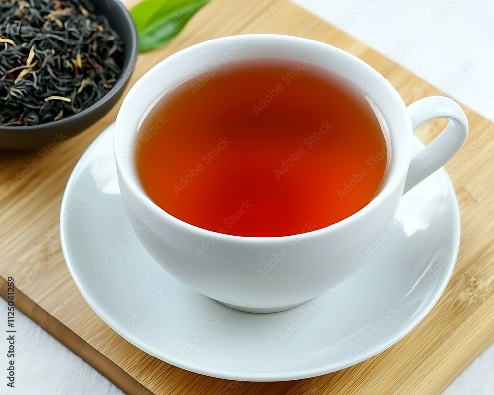 A steaming cup of black tea on a wooden surface, accompanied by loose tea leaves in a bowl, evoking a cozy beverage moment. A steaming cup of black tea on a wooden surface, accompanied by loose tea leaves in a bowl, evoking a cozy beverage moment.