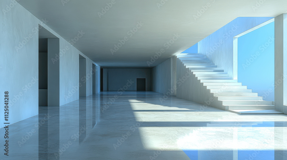spacious, minimalistic interior featuring sleek white walls and reflective floor. Natural light floods area, highlighting modern staircase and open design spacious, minimalistic interior featuring sleek white walls and reflective floor. Natural light floods area, highlighting modern staircase and open design