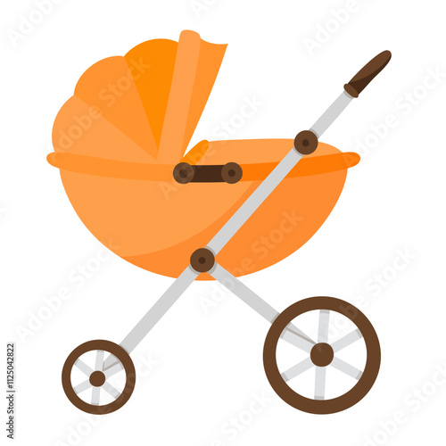 Orange baby stroller vector illustration. Perambulator, pram, pushchair, buggy, carriage clip art