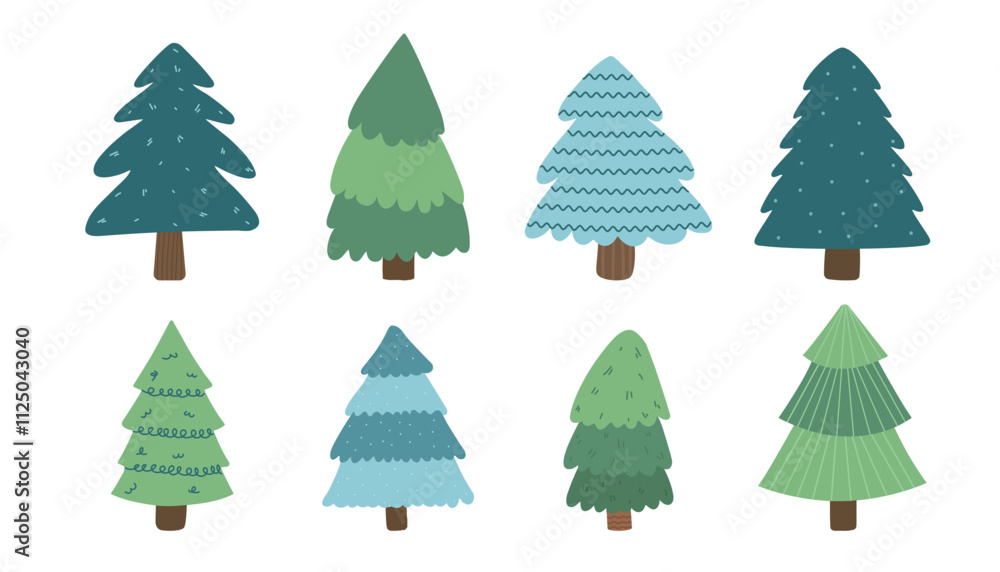 Obraz premium Set of Christmas trees isolated on white background. Vector illustration in flat style.