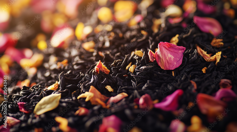 Aromatic black tea bland with vibrant floral petals close-up. Aromatic black tea bland with vibrant floral petals close-up.
