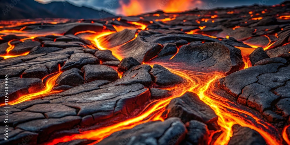 Volcanic Lava Flow Close-Up Composition of Fiery Rivers Through Cracked Rock Volcanic Lava Flow Close-Up Composition of Fiery Rivers Through Cracked Rock