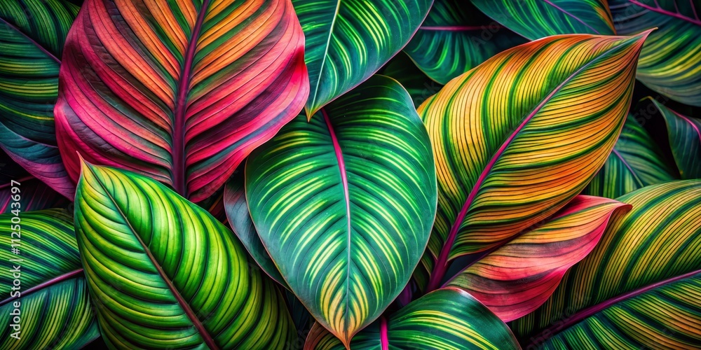 Vibrant Tropical Leaf Composition Close-up, Colorful Veins, Lush Texture Vibrant Tropical Leaf Composition Close-up, Colorful Veins, Lush Texture