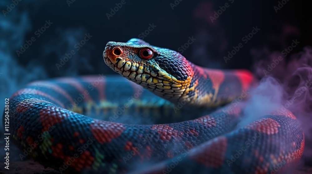 Fototapeta premium Colorful snake in vibrant smoke, showcasing stunning patterns.