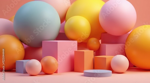 Colorful geometric composition with spheres and blocks in vibrant tones.