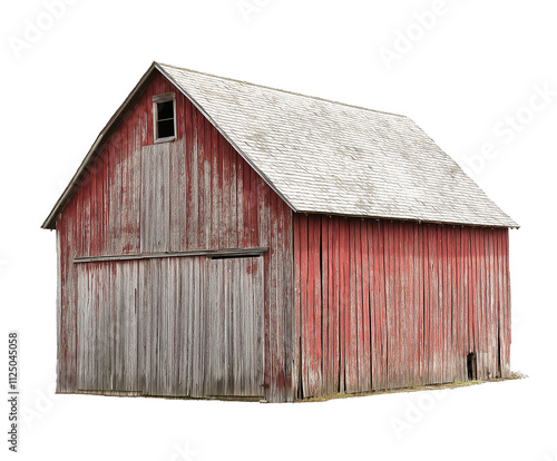 old red rustic wooden barn isolated on white background, weathered wood barn cutout png