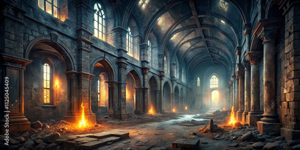 Ruined Cathedral Gothic Architecture, Burning Fires, Digital Painting Ruined Cathedral Gothic Architecture, Burning Fires, Digital Painting