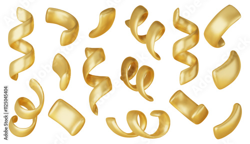 Vector 3d confetti background. Gold festive icons, cute design elements isolated. Birthday or carnival illustration, party decoration set.