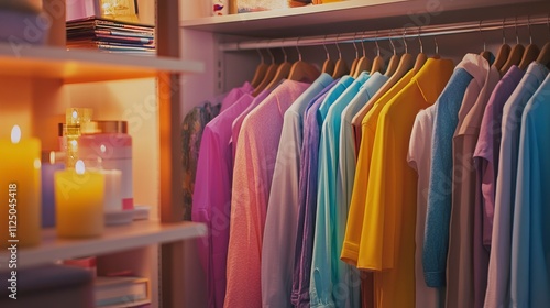 Neatly organized colorful clothes in closet with candles and supplies creating a cozy atmosphere, house cleaning concept photo