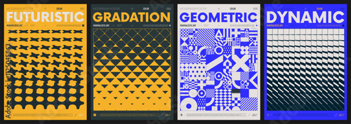 Modern abstract artwork collection, vector minimalistic posters with geometric shapes, brutalism style inspired graphic, bold Y2k futuristic aesthetic, form distortion effect, color set 6