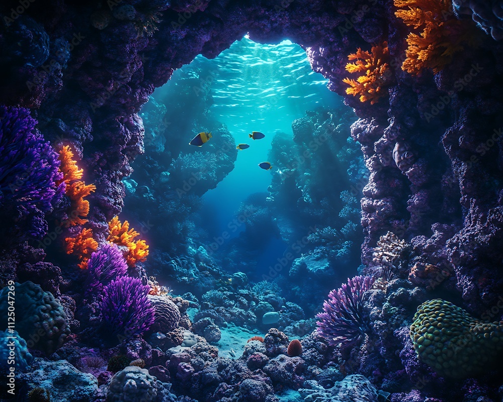 Naklejka premium Vibrant coral reef cave with colorful fish and sunlight.