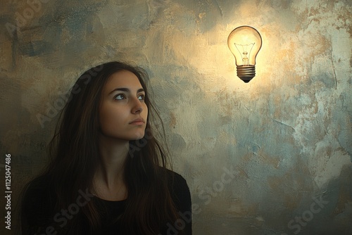 Pensive young caucasian female in dimly lit room with glowing light bulb photo