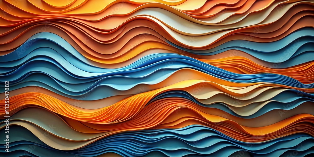 Obraz premium Layered Wave Abstract Blue, Orange, and Beige Curves