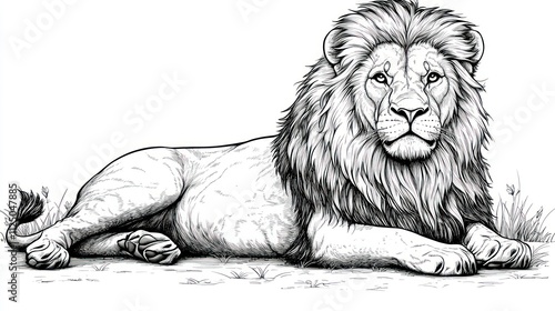 Majestic male lion resting, detailed black and white illustration.