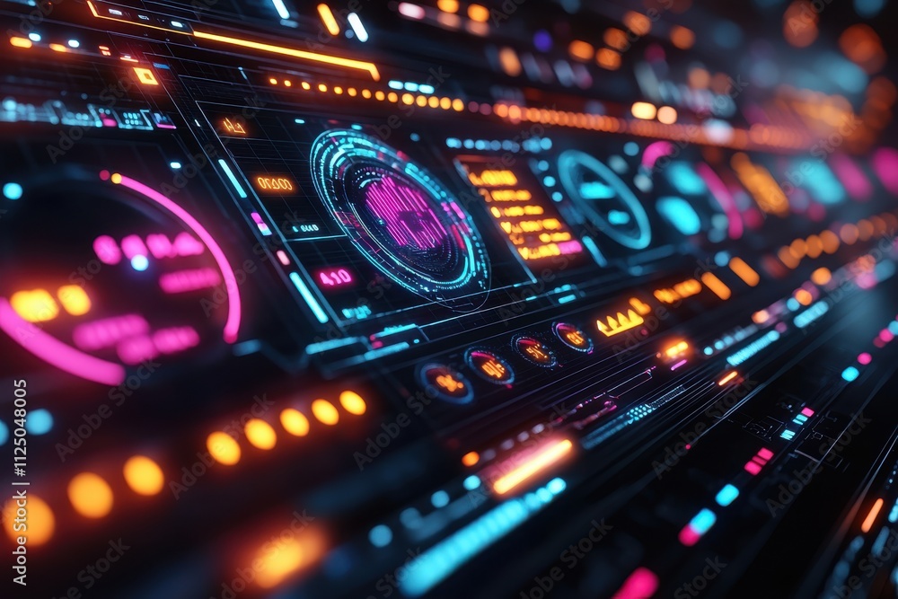 Futuristic digital interface with vibrant data visualizations and controls. Futuristic digital interface with vibrant data visualizations and controls.