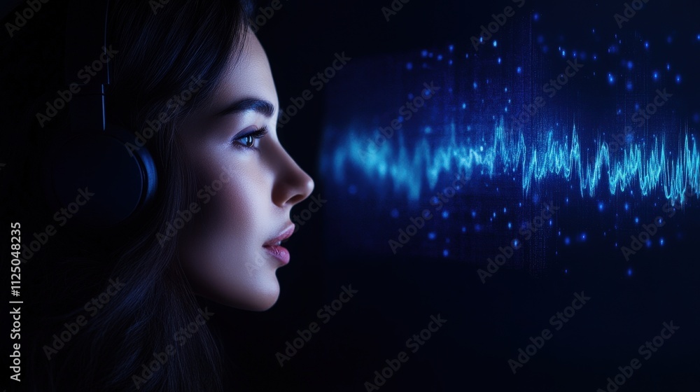 A profile view of a woman wearing headphones, with vibrant sound waves visualized in blue, representing music and audio technology. A profile view of a woman wearing headphones, with vibrant sound waves visualized in blue, representing music and audio technology.