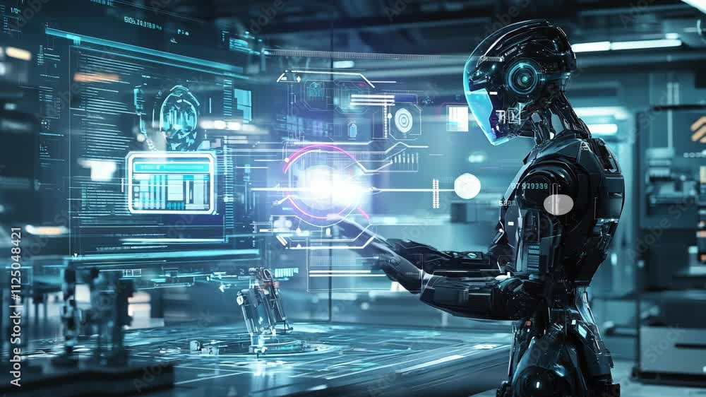 Robot Engaging with Advanced Digital Interface in Futuristic High-Tech Laboratory, Exploring Artificial Intelligence and Data Analysis Robot Engaging with Advanced Digital Interface in Futuristic High-Tech Laboratory, Exploring Artificial Intelligence and Data Analysis